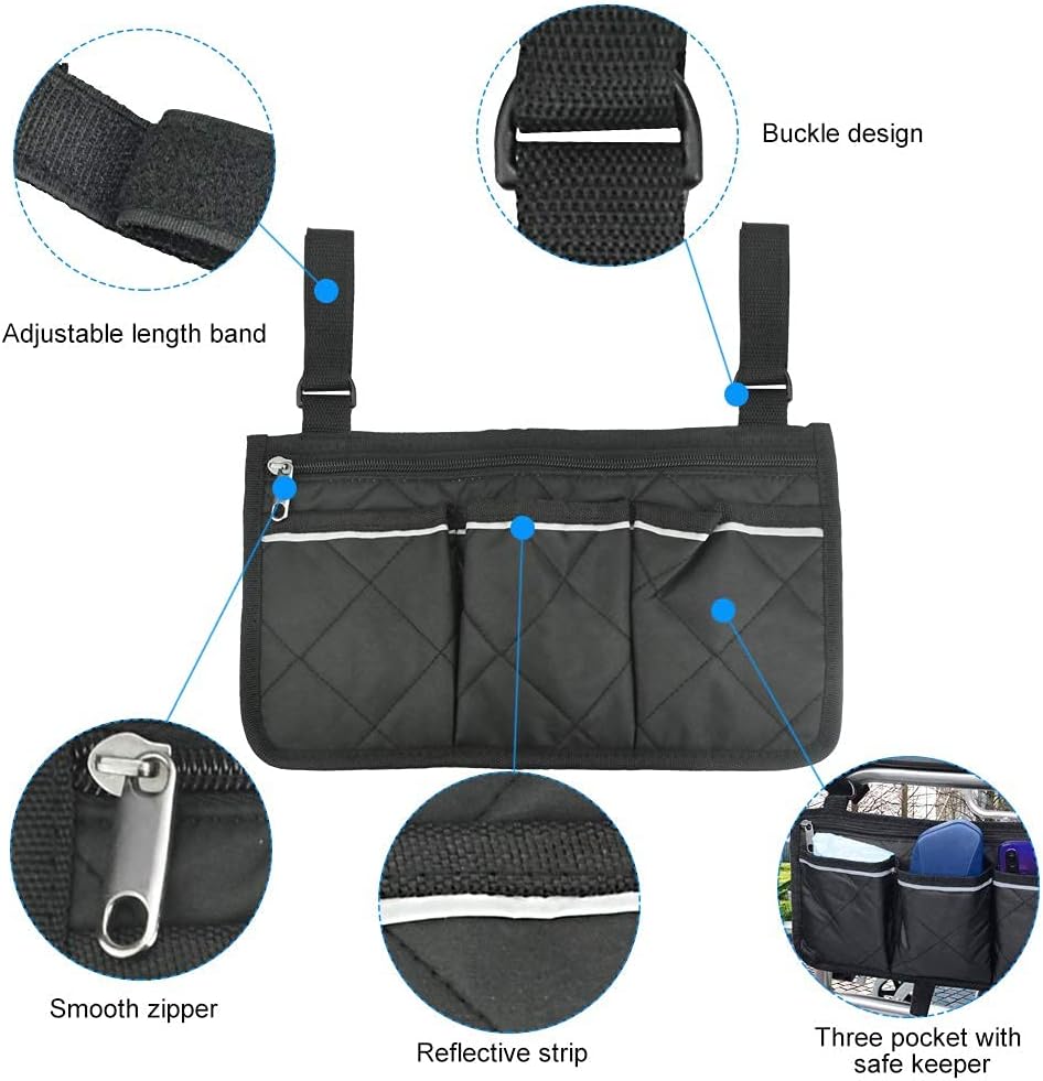Bolsas con múltiples compartimentos: mantén tus objetos personales ordenados en la silla de ruedas.